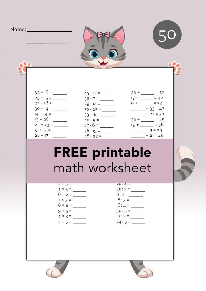 Cat-Themed Worksheet for Practicing Math in the Range of 50