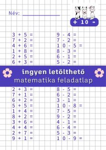 Macskás matematika feladatlap elsősöknek – összeadás és kivonás gyakorlása 10-es számkörben