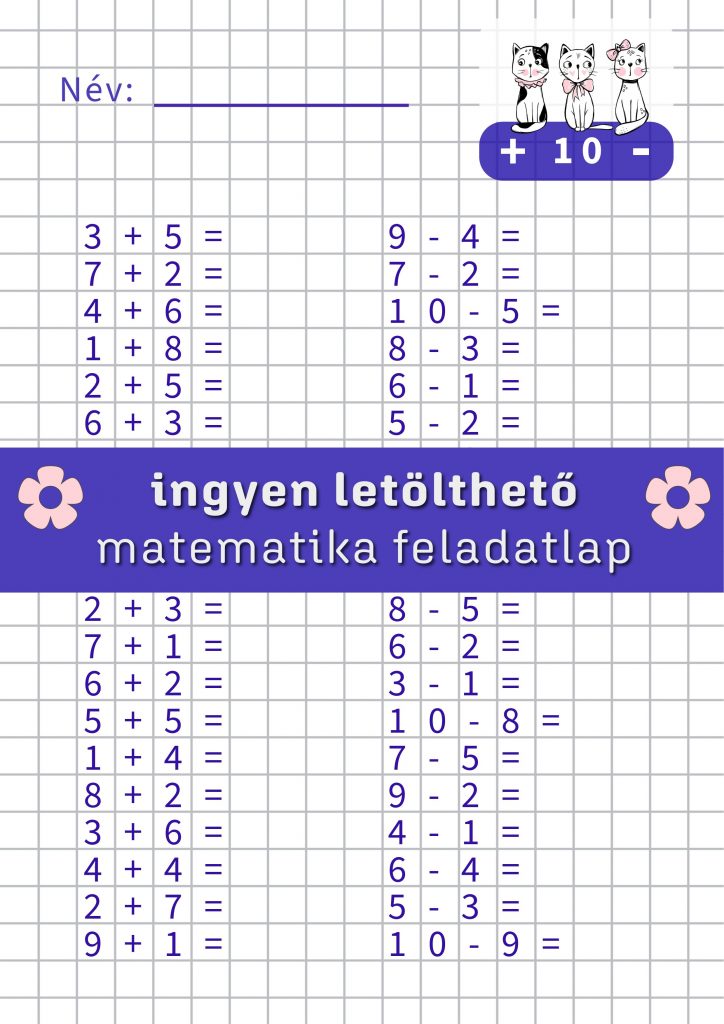 Macskás matematika feladatlap elsősöknek – összeadás és kivonás gyakorlása 10-es számkörben