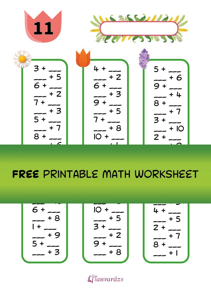 Free printable math worksheet for first graders – Practicing number 11 decomposition with fun spring-themed exercises. Engaging math activities with colorful tulip designs to help kids learn number breakdown and number complements.