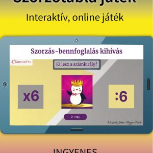 Egy táblagép képernyője, amin az interaktív játék jelenetei látszanak, vidám karakterekkel és könnyen felismerhető 6- os szorzás-osztás szimbólumokkal.