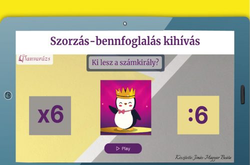 Egy táblagép képernyője, amin az interaktív játék jelenetei látszanak, vidám karakterekkel és könnyen felismerhető 6- os szorzás-osztás szimbólumokkal.