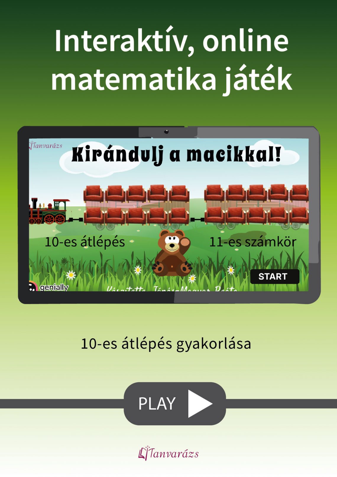 Tízes átlépés gyakorlása macikkal és vonattal, online matekfeladat első osztályosoknak.
