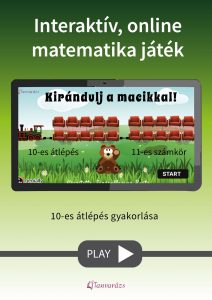 Tízes átlépés gyakorlása macikkal és vonattal, online matekfeladat első osztályosoknak.