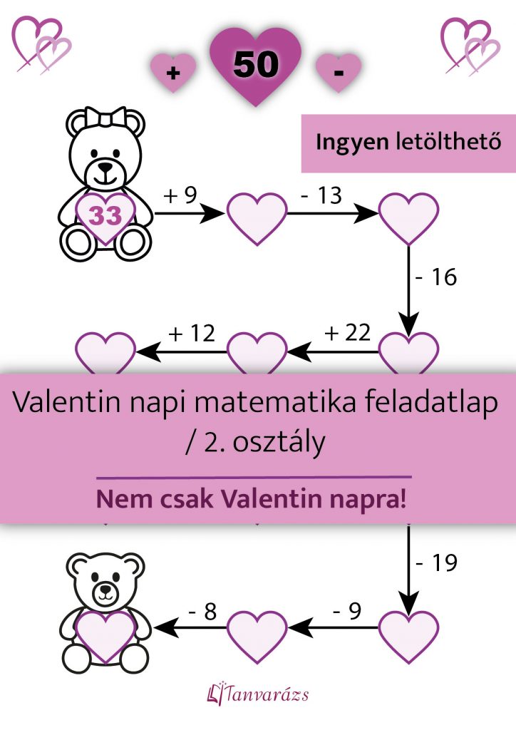 Valentin-napi színezhető matematika feladatlap másodikosoknak – Játékos összeadás és kivonás 50-ig