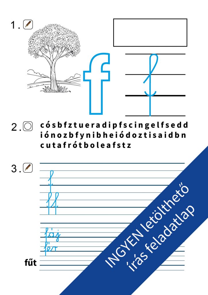 Színezhető és játékos feladatlap az f betű írásának gyakorlásához – tökéletes tanároknak és szülőknek az írástanulás támogatására.