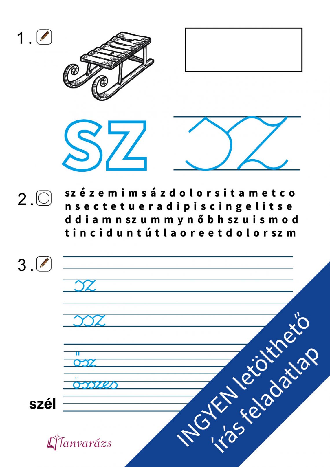 Színezhető és játékos feladatlap az sz betű írásának gyakorlásához – tökéletes tanároknak és szülőknek az írástanulás támogatására.