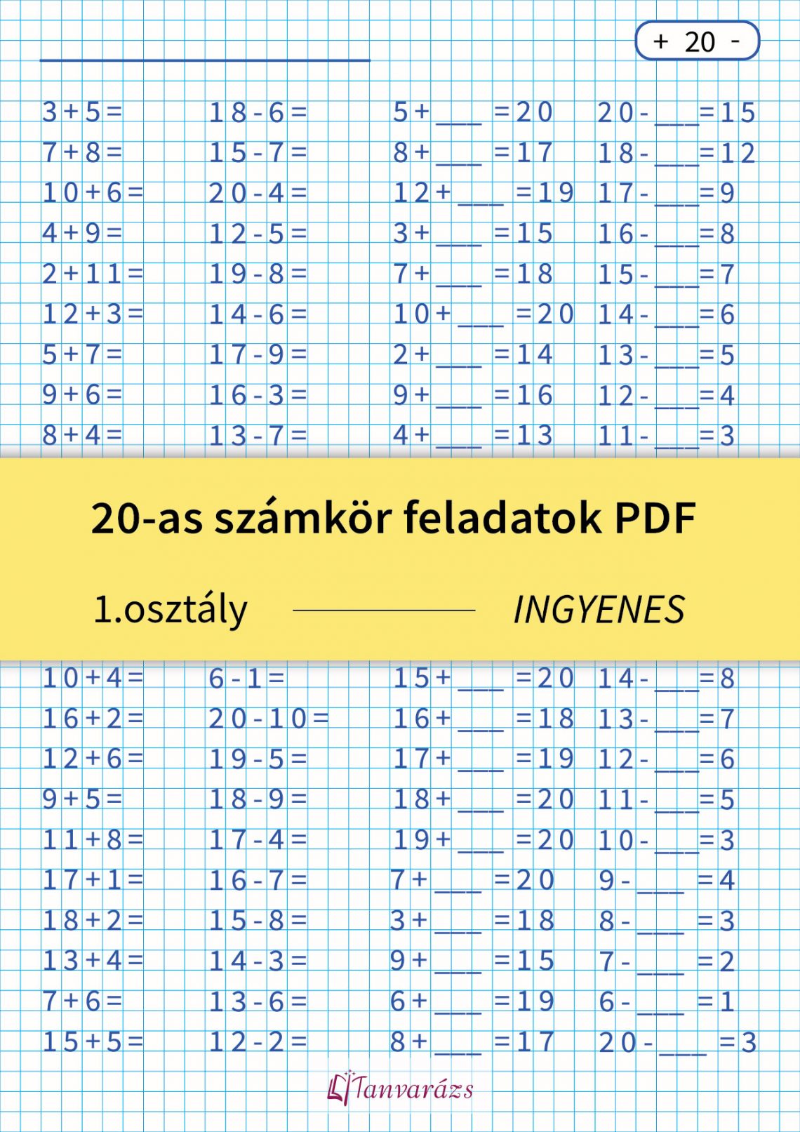 20-as számkör feladatok PDF – ingyenes matematika feladatlap első osztályosoknak