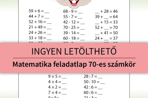 Nyuszi témájú matematika feladatlap másodikosoknak a 70-es számkörben. A képen egy kedves nyuszi figura látható, húsvéti hangulatú, amely játékos módon segíti a szorzás, kivonás, összeadás és pótlás gyakorlását.