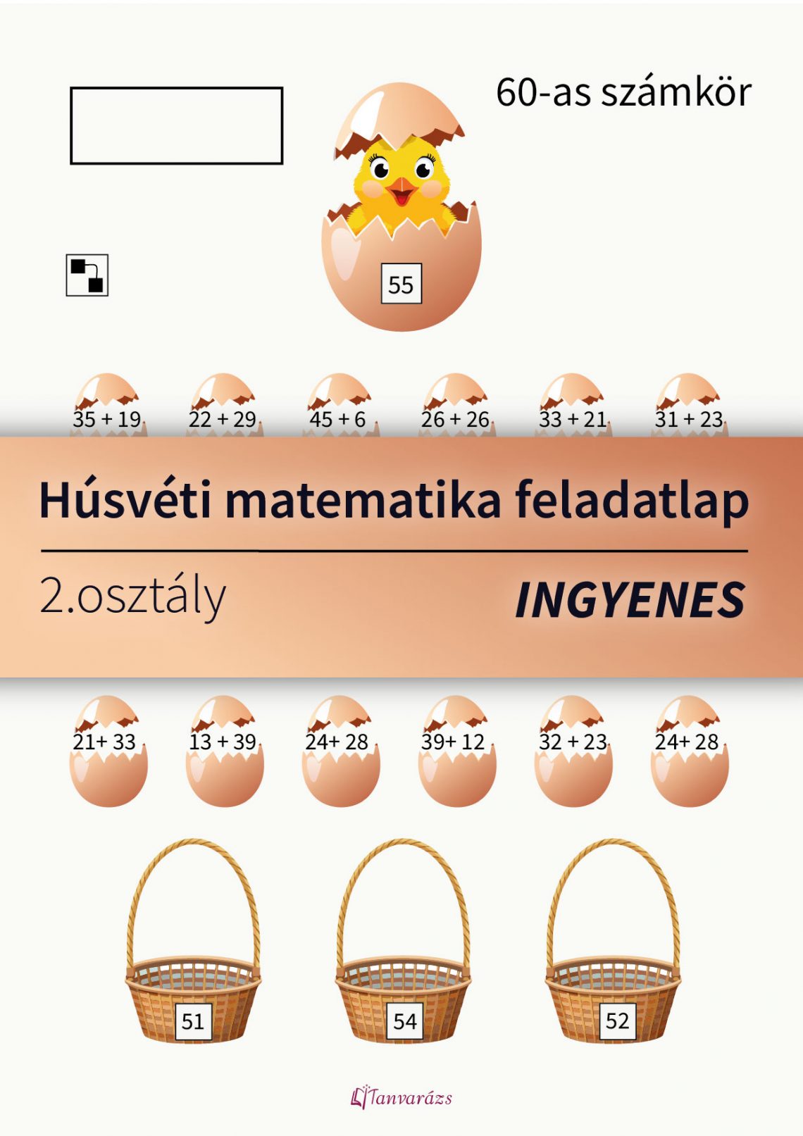 Húsvéti matek feladatlap másodikosoknak a 60-as számkörben. A gyerekeknek összeadásokat kell megoldaniuk, majd a helyes eredmény alapján a tojásokat a megfelelő kosárba helyezni.