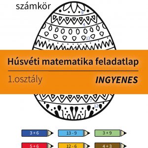 Színes húsvéti matek feladatlap első osztályosoknak, amely összeadást és kivonást tartalmaz a 13-as számkörben, színezős játékkal.