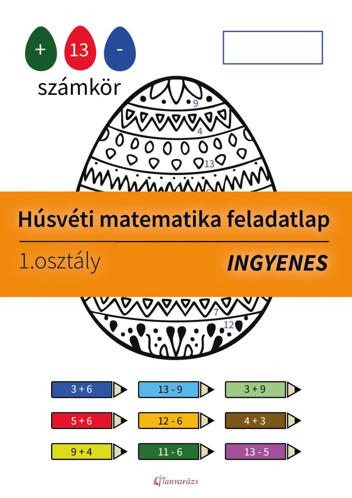 Színes húsvéti matek feladatlap első osztályosoknak, amely összeadást és kivonást tartalmaz a 13-as számkörben, színezős játékkal.