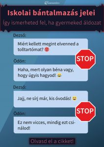 Iskolai bántalmazás egy online üzenetváltásban – egy gyermek zaklatást él át osztálytársa részéről. A kép célja a bullying felismerése és megelőzése.