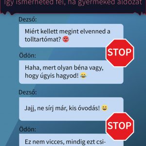 Iskolai bántalmazás egy online üzenetváltásban – egy gyermek zaklatást él át osztálytársa részéről. A kép célja a bullying felismerése és megelőzése.