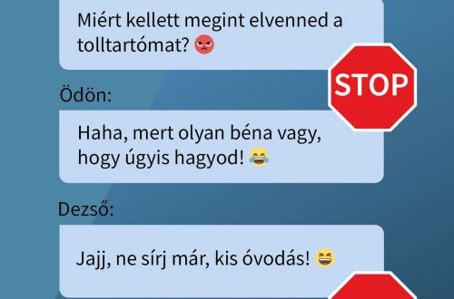 Iskolai bántalmazás egy online üzenetváltásban – egy gyermek zaklatást él át osztálytársa részéről. A kép célja a bullying felismerése és megelőzése.