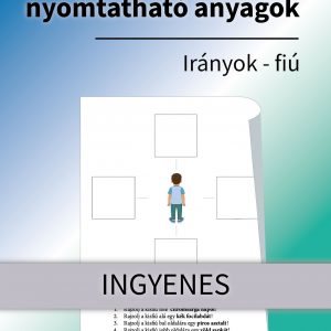 Iskolai előkészítő feladat nyomtatható – hátulnézetből látható fiú, köré kell rajzolni az utasítás szerint (alá, fölé, jobbra, balra), segít az irányok gyakorlásában és az írástanulás előkészítésében.