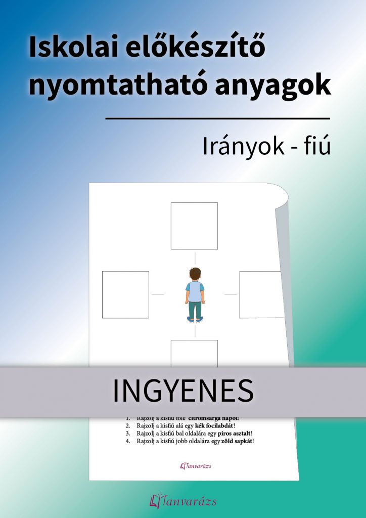 Iskolai előkészítő feladat nyomtatható – hátulnézetből látható fiú, köré kell rajzolni az utasítás szerint (alá, fölé, jobbra, balra), segít az irányok gyakorlásában és az írástanulás előkészítésében.