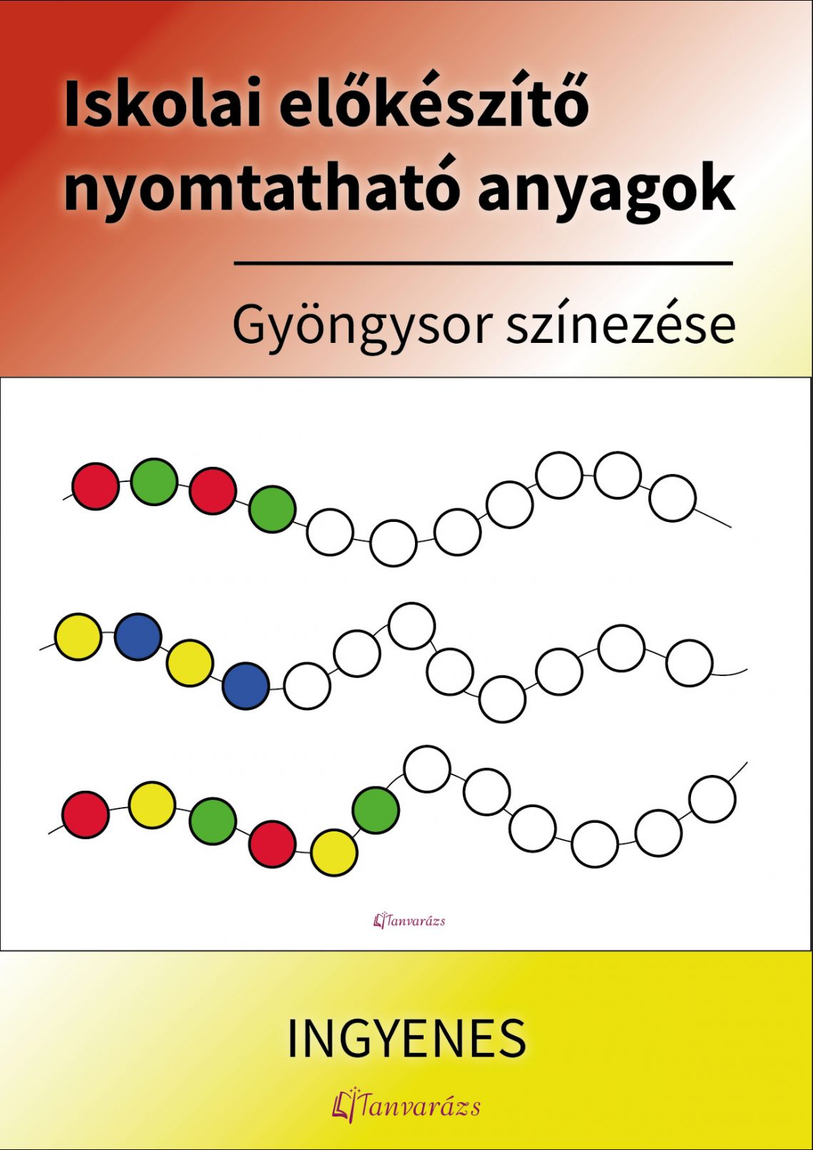 Nyomtatható iskolai előkészítő gyöngysor színező játék óvodásoknak. A gyerekeknek ki kell találniuk a mintázat szabályát, majd folytatniuk kell a megfelelő színekkel.