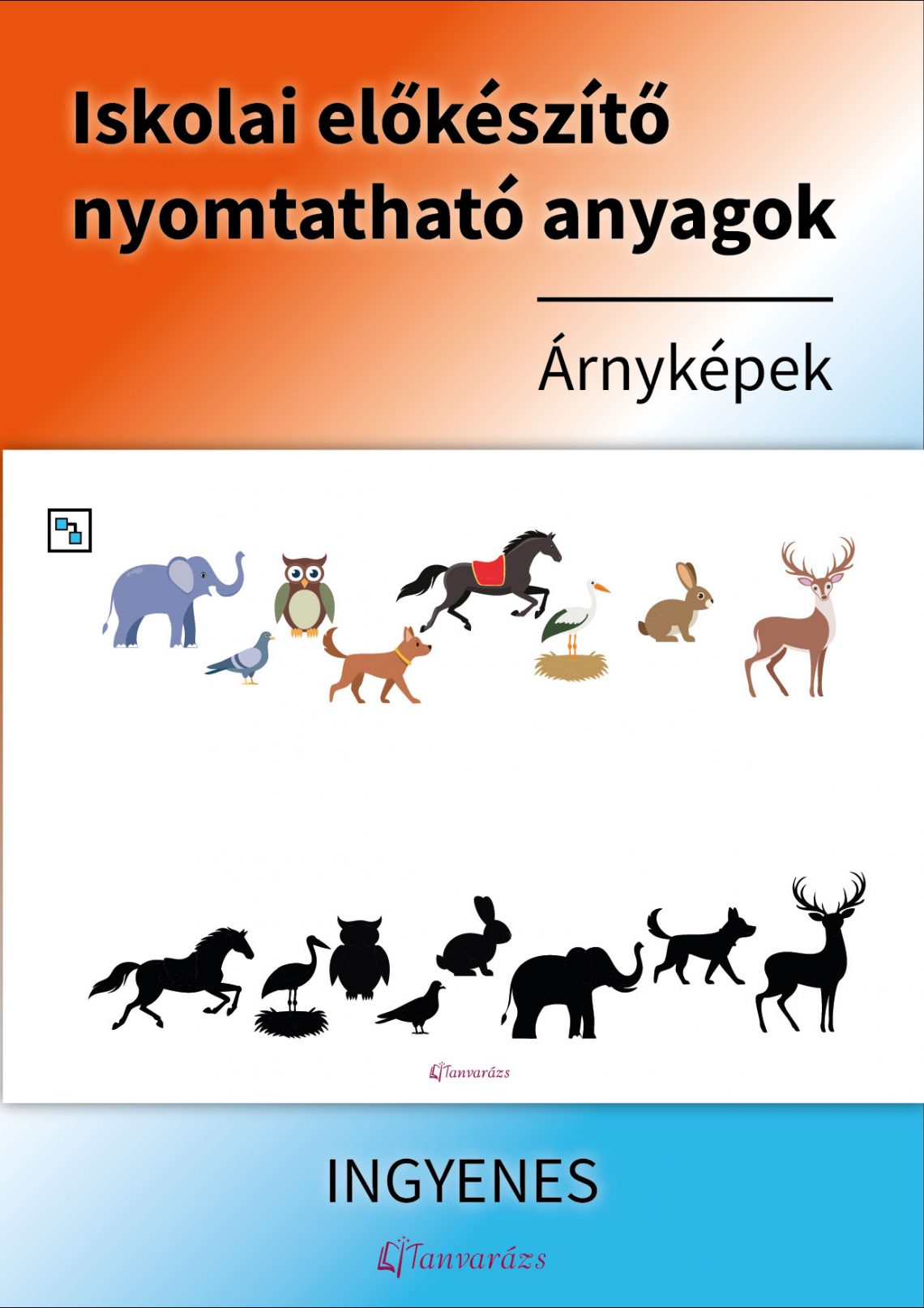Iskolai előkészítő nyomtatható anyag – árnyékpárosító játék óvodásoknak állatfigurákkal. A gyerekeknek meg kell találniuk az állatok árnyékait, így fejlesztve vizuális észlelésüket.