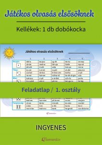 Játékos olvasás elsősöknek – nyomtatható feladatlap dobókockás gyakorláshoz, amely segíti a szövegértés és olvasás fejlesztését kisiskolások számára.