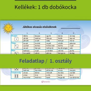 Játékos olvasás elsősöknek – nyomtatható feladatlap dobókockás gyakorláshoz, amely segíti a szövegértés és olvasás fejlesztését kisiskolások számára.
