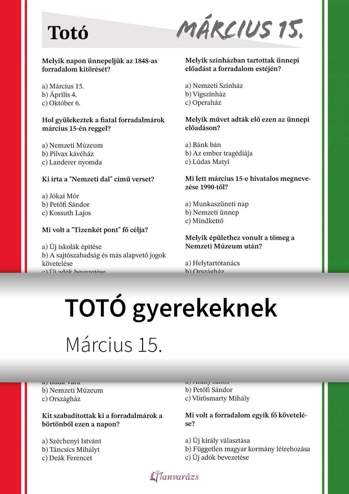 Március 15-i totó gyerekeknek – nyomtatható kvíz az 1848-as forradalom eseményeiről és jelentőségéről.