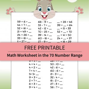 Bunny-themed first-grade math worksheet for practicing addition, subtraction, and number bonds within the number range up to 70. The image features a playful bunny character (NEWSI) with spring-themed elements, designed to make learning math fun and engaging.
