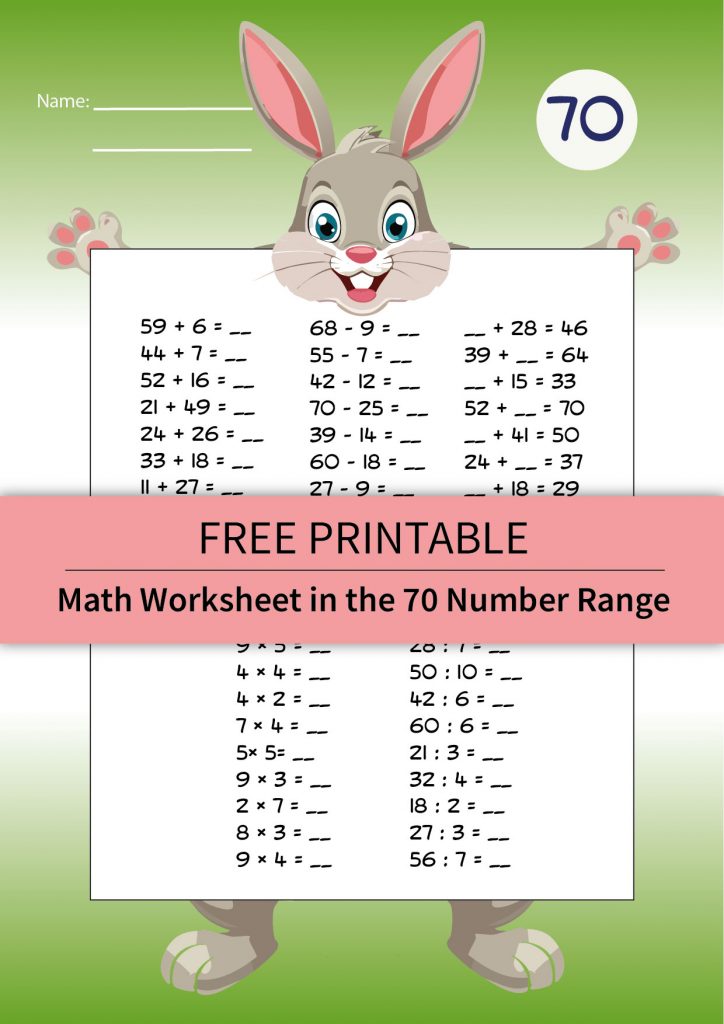 Bunny-themed first-grade math worksheet for practicing addition, subtraction, and number bonds within the number range up to 70. The image features a playful bunny character (NEWSI) with spring-themed elements, designed to make learning math fun and engaging.