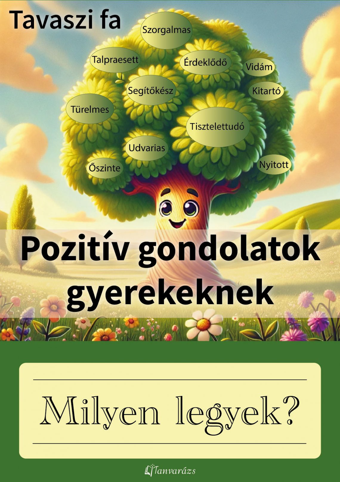Nyomtatható tavaszi dekoráció gyerekeknek – egy mosolygós fa, amelynek lombkoronájában pozitív gondolatok és inspiráló tulajdonságok szerepelnek, mint például türelmes, segítőkész, érdeklődő, tisztelettudó. A fa alatt a „Milyen legyek?” kérdés látható, amely segít a gyerekeknek tudatosan fejleszteni pozitív tulajdonságaikat.