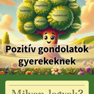 Nyomtatható tavaszi dekoráció gyerekeknek – egy mosolygós fa, amelynek lombkoronájában pozitív gondolatok és inspiráló tulajdonságok szerepelnek, mint például türelmes, segítőkész, érdeklődő, tisztelettudó. A fa alatt a „Milyen legyek?” kérdés látható, amely segít a gyerekeknek tudatosan fejleszteni pozitív tulajdonságaikat.