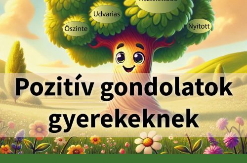 Nyomtatható tavaszi dekoráció gyerekeknek – egy mosolygós fa, amelynek lombkoronájában pozitív gondolatok és inspiráló tulajdonságok szerepelnek, mint például türelmes, segítőkész, érdeklődő, tisztelettudó. A fa alatt a „Milyen legyek?” kérdés látható, amely segít a gyerekeknek tudatosan fejleszteni pozitív tulajdonságaikat.
