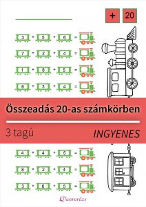 Vonatos összeadós feladatlap 20-as számkörben első osztályosoknak. Három szám összeadása játékos formában.