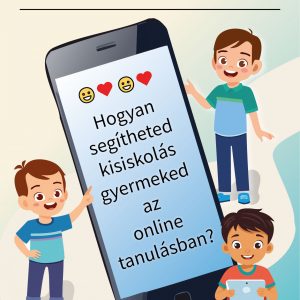 Gyerekek egy óriási telefont vesznek körbe, amely a digitális oktatás lehetőségeit és kihívásait szimbolizálja.