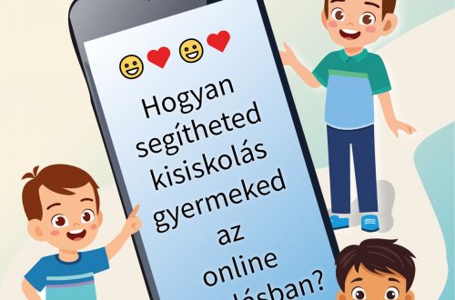 Gyerekek egy óriási telefont vesznek körbe, amely a digitális oktatás lehetőségeit és kihívásait szimbolizálja.