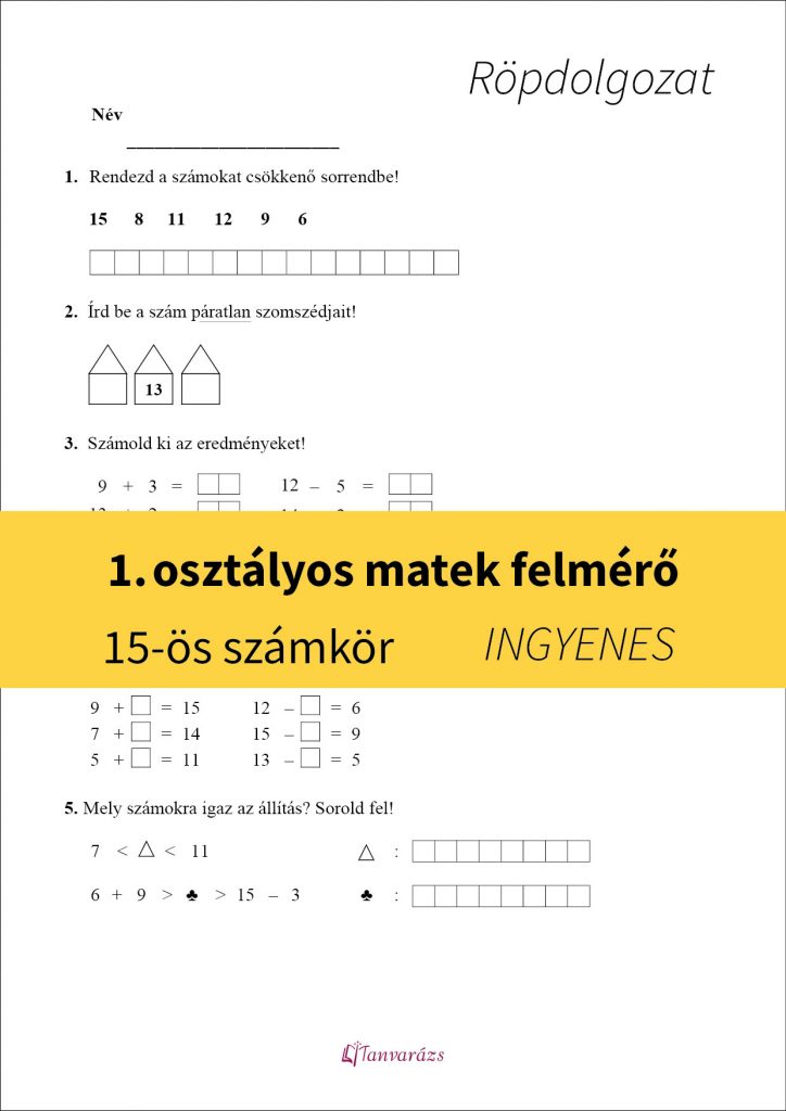 Első osztályos matek felmérő – csökkenő sorba rendezés, páros és páratlan számszomszédok, összeadások, kivonások a 15-ös számkörben.