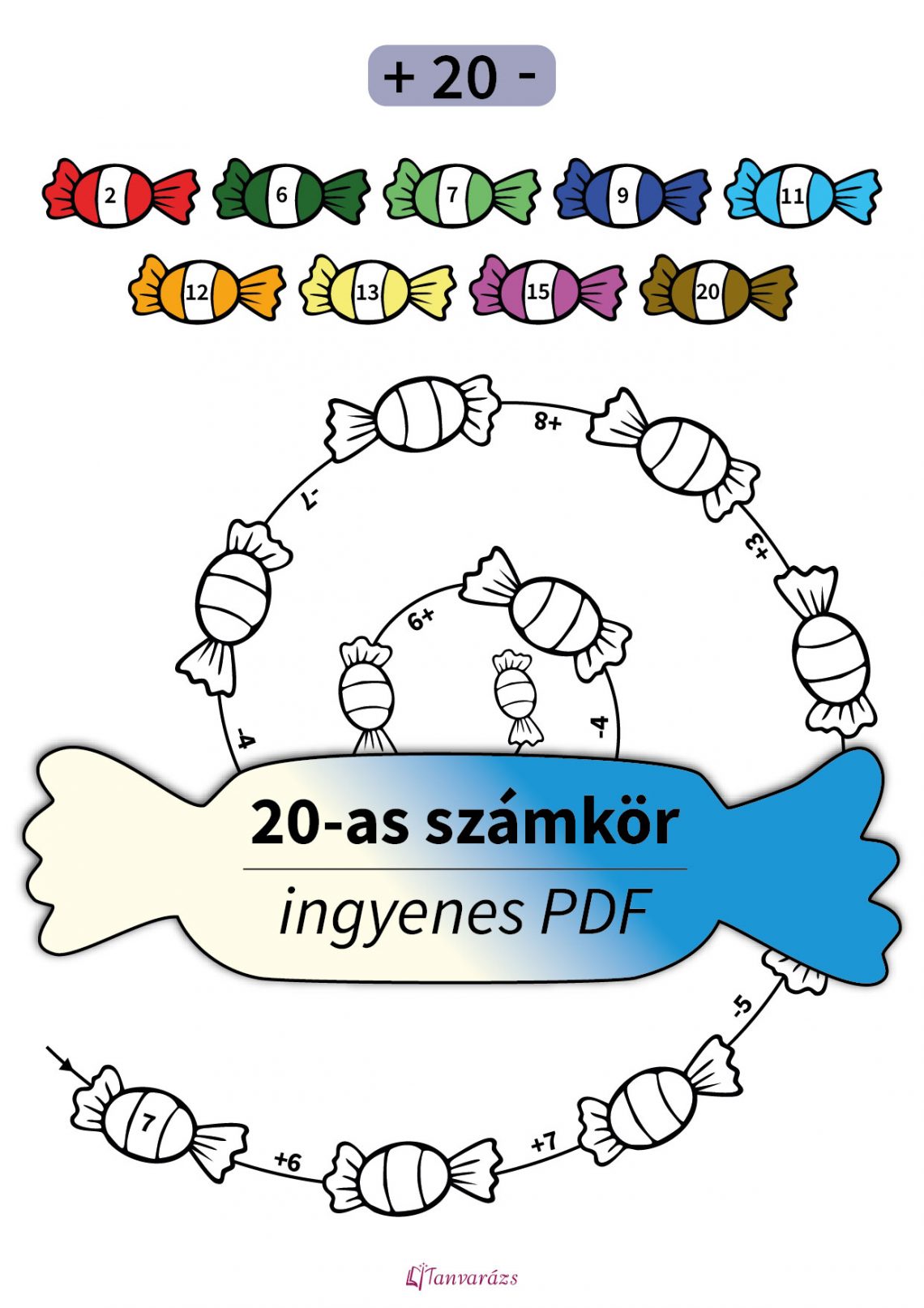 Játékos 20-as számkör feladatok PDF első osztályosoknak – láncszámolás cukorkákkal, összeadás és kivonás színezéssel.