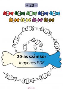 Játékos 20-as számkör feladatok PDF első osztályosoknak – láncszámolás cukorkákkal, összeadás és kivonás színezéssel.