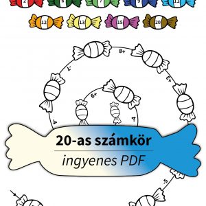 Játékos 20-as számkör feladatok PDF első osztályosoknak – láncszámolás cukorkákkal, összeadás és kivonás színezéssel.