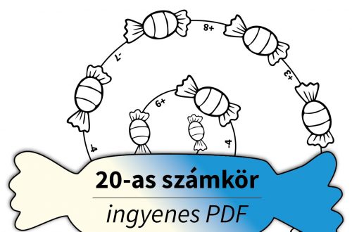 Játékos 20-as számkör feladatok PDF első osztályosoknak – láncszámolás cukorkákkal, összeadás és kivonás színezéssel.