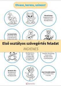 Első osztályos szövegértés feladat – játékos színezős gyakorlat, amely fejleszti az olvasási készséget és a szövegértést.