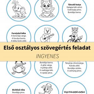 Első osztályos szövegértés feladat – játékos színezős gyakorlat, amely fejleszti az olvasási készséget és a szövegértést.