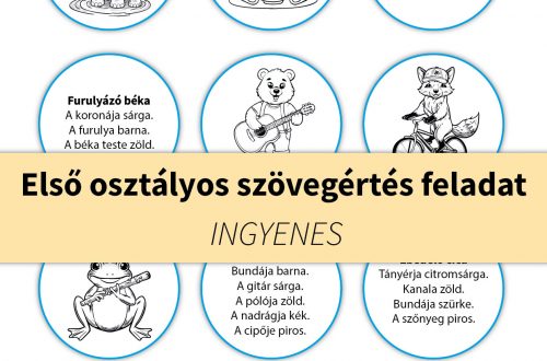 Első osztályos szövegértés feladat – játékos színezős gyakorlat, amely fejleszti az olvasási készséget és a szövegértést.