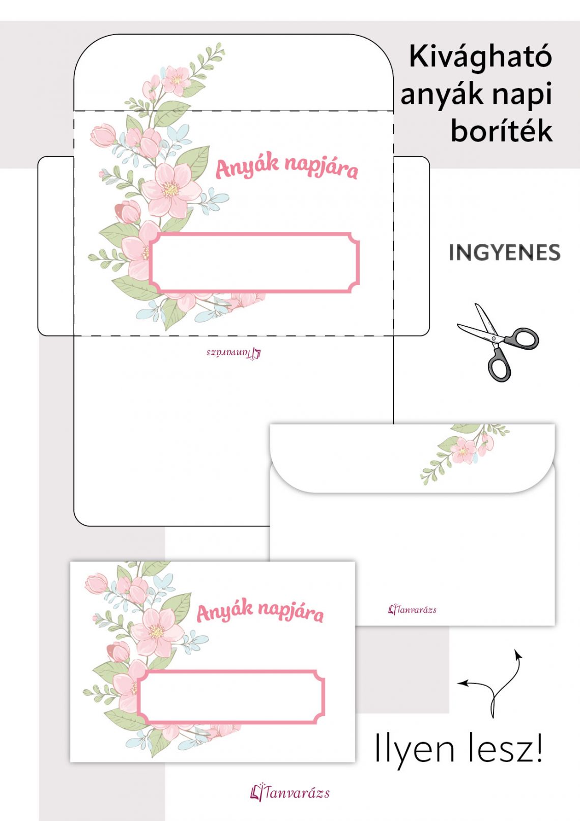 Színes anyák napi borítéksablon virágmintával, személyre szabható felirattal és az anyák napi köszöntőhöz tökéletes mérettel.