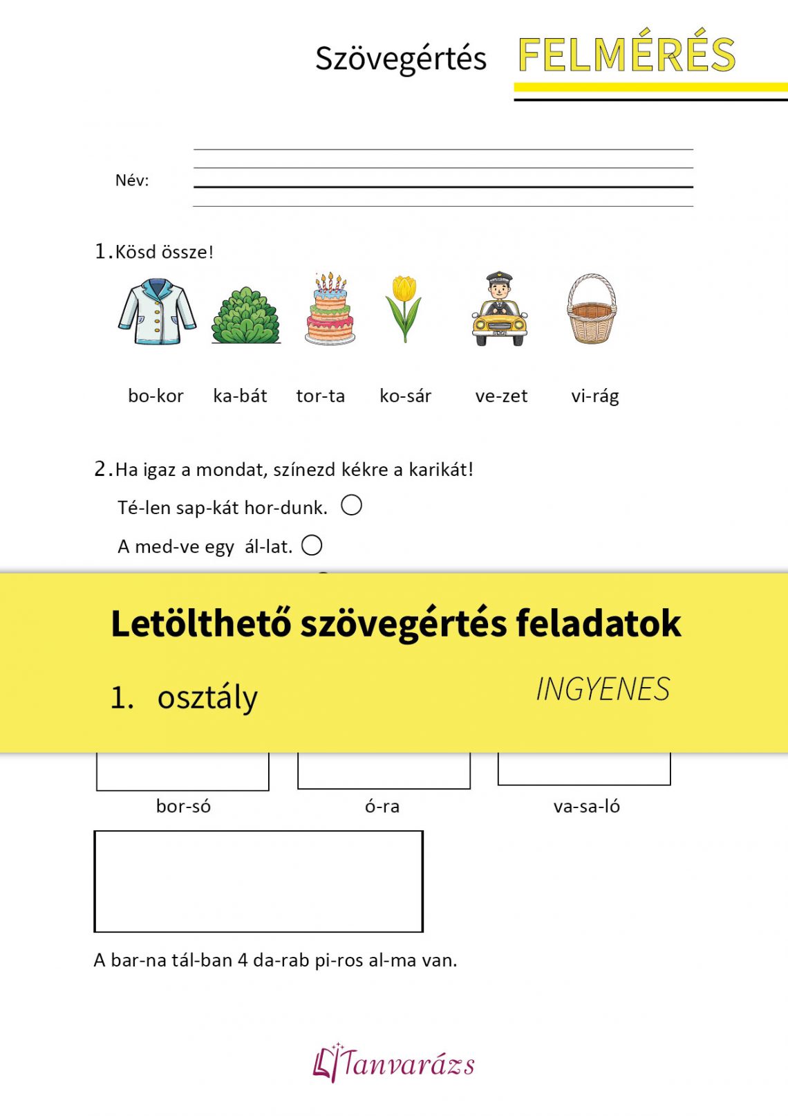 Ezek a letölthető szövegértés feladatok 1. osztályosoknak készültek. Három feladatot tartamlaznak: 1. Első feladat – A gyerekeknek képeket kell összekapcsolniuk a megfelelő szavakkal, segítve a szókincs bővítését és a vizuális figyelem fejlesztését. 2. Második feladat – Igaz-hamis állítások eldöntése, amely fejleszti a gyermekek szövegértési és kritikai gondolkodását. 3. Harmadik feladat – Rajzolás a szavak és mondatok alapján, amely segíti a kreativitás és a szöveg mélyebb megértésének fejlődését.