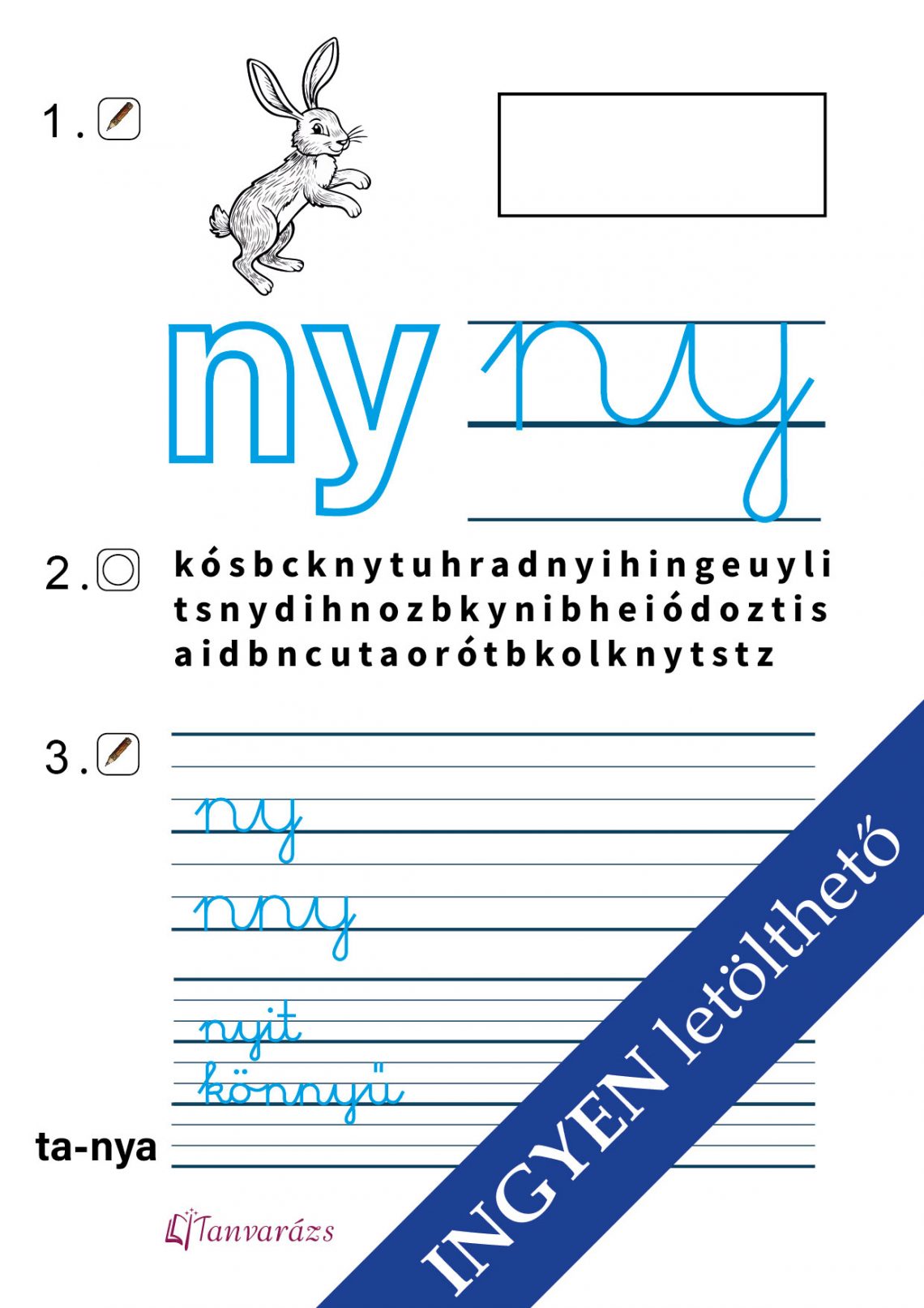 Játékos ny betű írás gyakorló feladatlap gyerekeknek – Ingyenesen letölthető, nyomtatható betűírás fejlesztő feladatlap, amely segíti az óvodások és kisiskolások íráskészségét. A gyerekek különböző játékos feladatokkal gyakorolhatják a „ny” betű helyes írását és felismerését, miközben fejlesztik a finommotorikájukat és koncentrációjukat.
