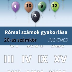 Játékos római számok gyakorlása – Színezős feladatlap 20-as számkörben. Különböző színű lufikon arab számok szerepelnek, a gyerekeknek pedig a megfelelő római számot kell az adott színnel kiszínezni. Ingyenesen letölthető oktatási segédanyag első és második osztályosoknak.
