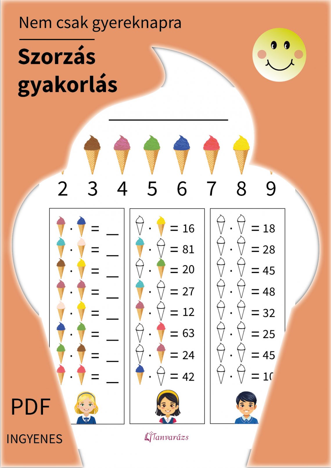 Szorzás gyakorlás: Szórakoztató fagylaltos játék gyerekeknek. Fejleszd a szorzást, logikus gondolkodást és koncentrációt szórakoztató módon. Ingyenes PDF letöltés szülőknek és pedagógusoknak.