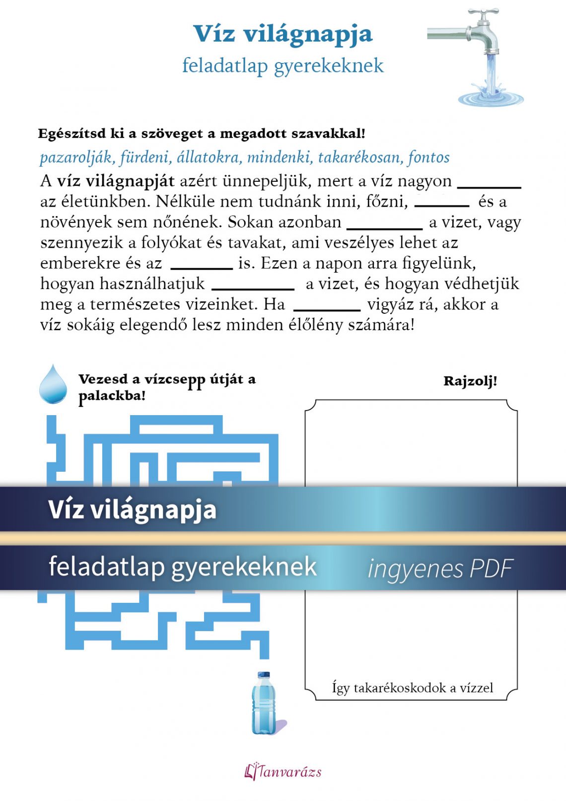 Játékos víz világnapja feladatlap gyerekeknek – ingyenes PDF letöltés víztakarékosság és környezettudatosság fejlesztésére.