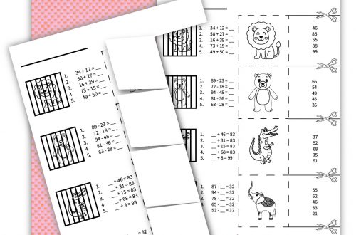Kivágható feladatlap: 2. osztályos matematika feladatok összeadáshoz és kivonáshoz, állatkerti állatokkal.