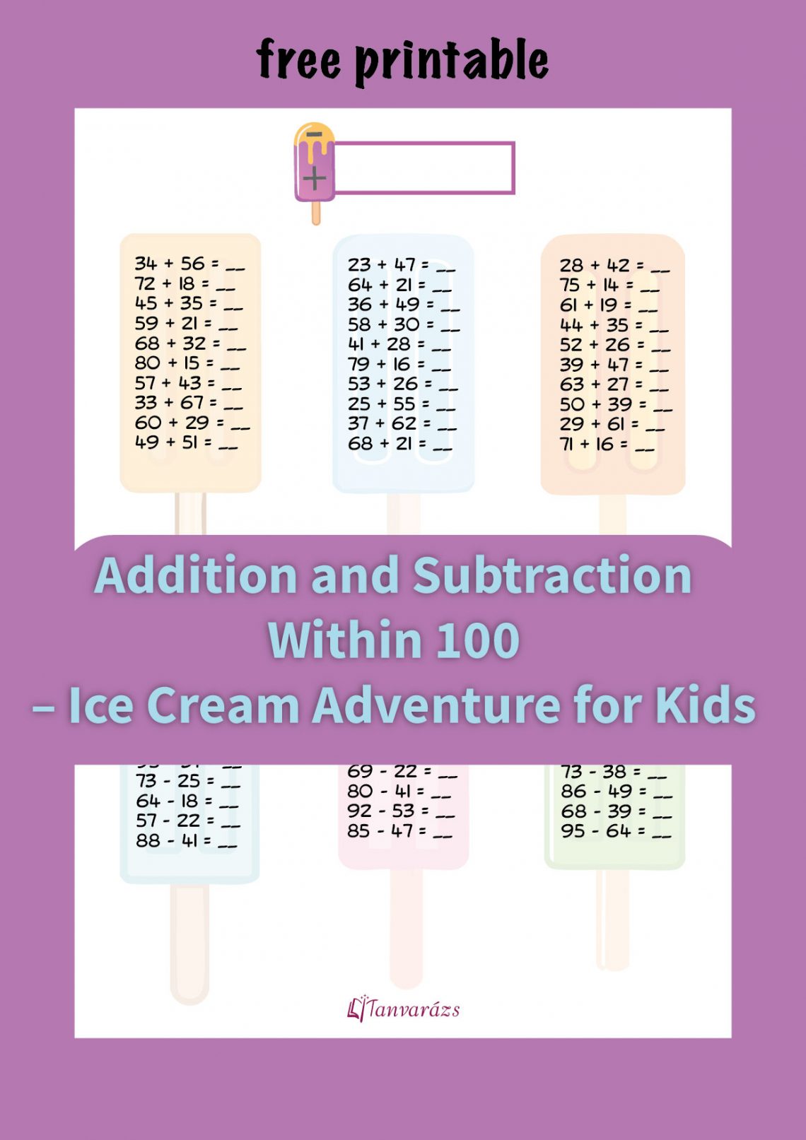 Ice cream-themed worksheet for kids practicing addition and subtraction within 100